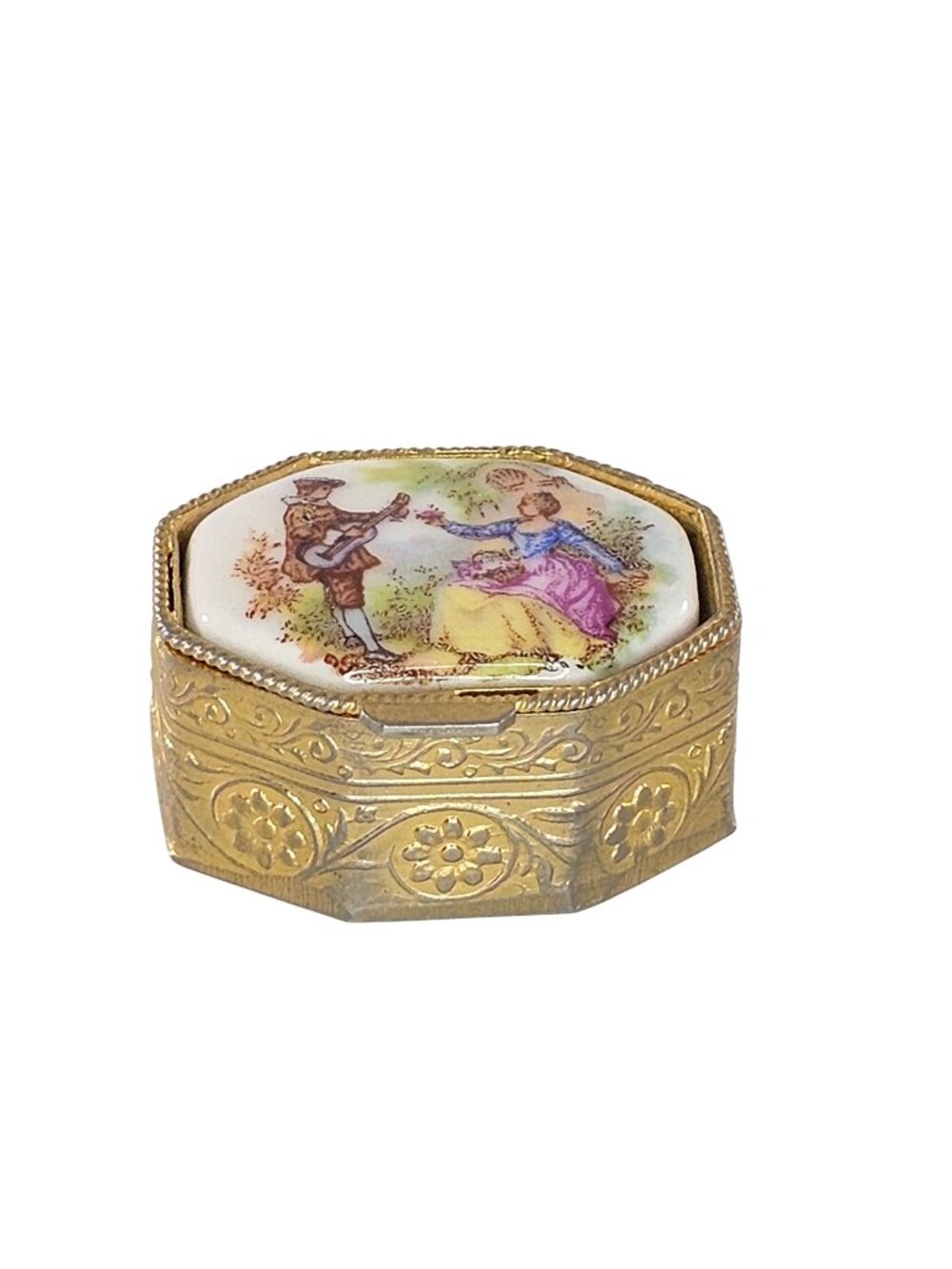 Vintage Gold Tone Brass Octagonal Trinket Box Porcelain Lid Romantic Scene